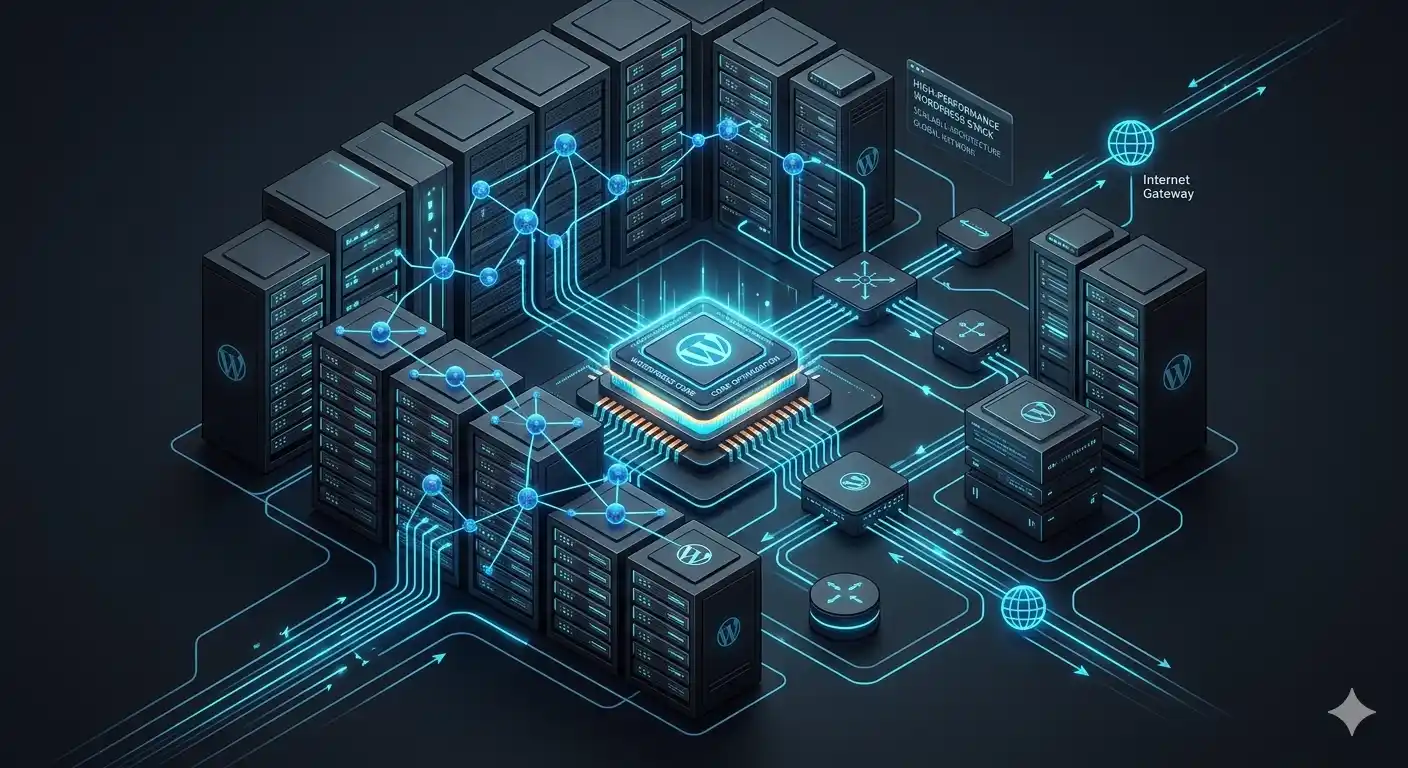 Isometric server infrastructure showing CPU and data flow to illustrate WordPress hosting limits