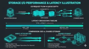 Technical illustration showing storage I/O latency and queue depth issues in WordPress hosting