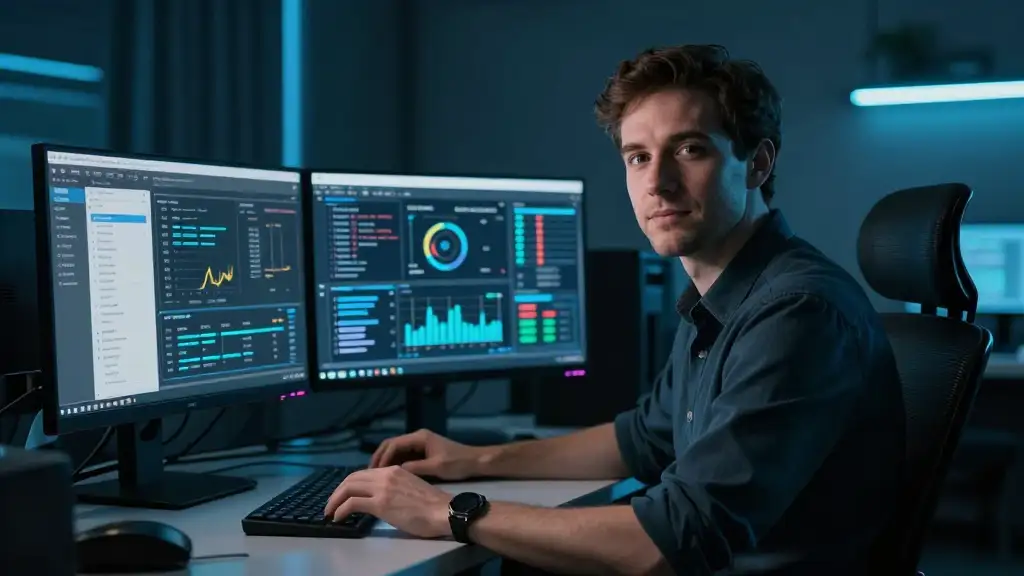 Avatar of a WordPress & server specialist in a technical workspace with performance dashboards