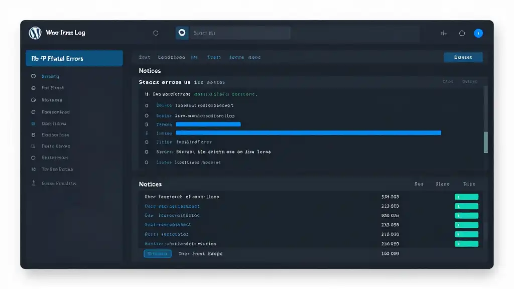 WordPress error log analysis dashboard showing PHP errors, warnings and stack traces