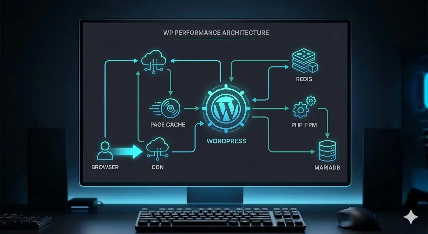 WordPress performance optimization architecture diagram showing CDN, page cache, Redis, PHP-FPM and MariaDB workflow