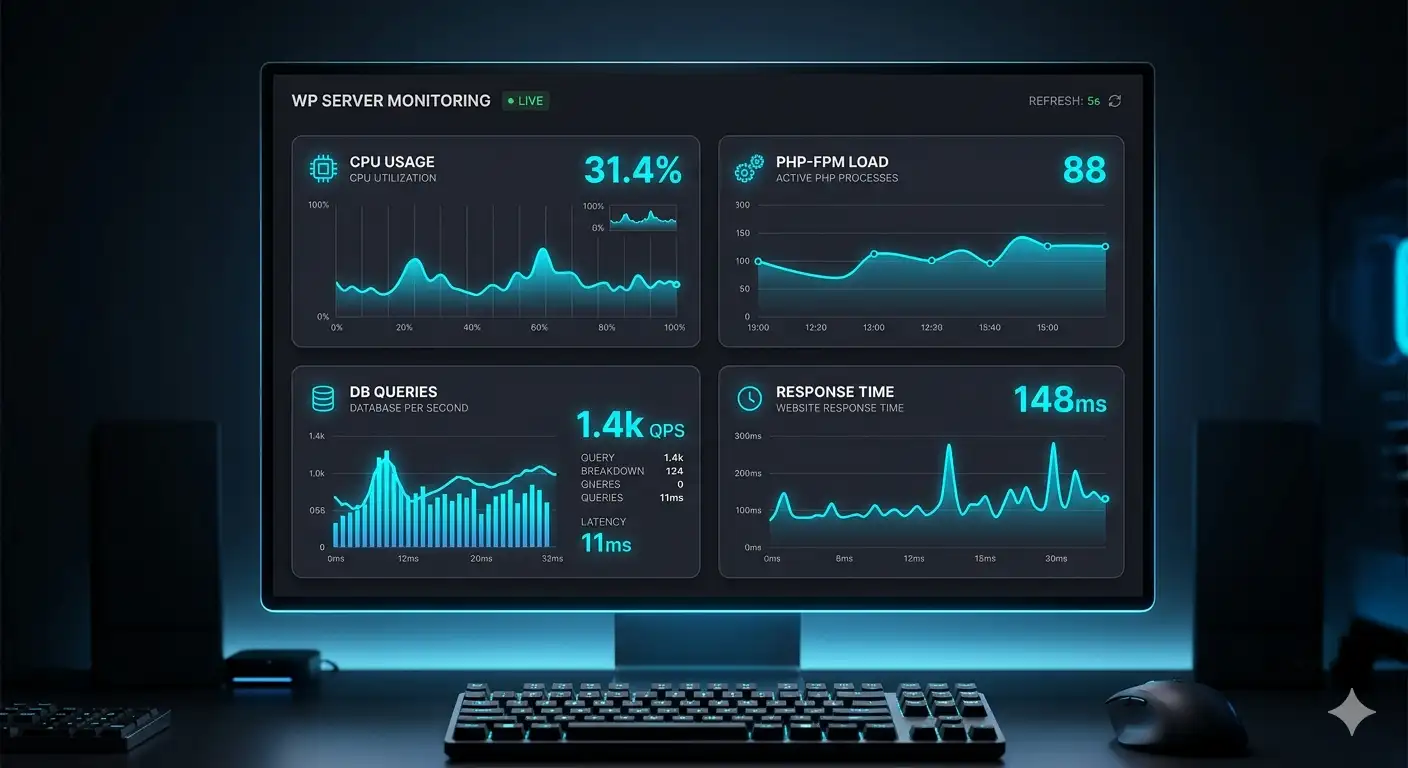 WordPress performance optimization dashboard with CPU, PHP-FPM, database and response time metrics