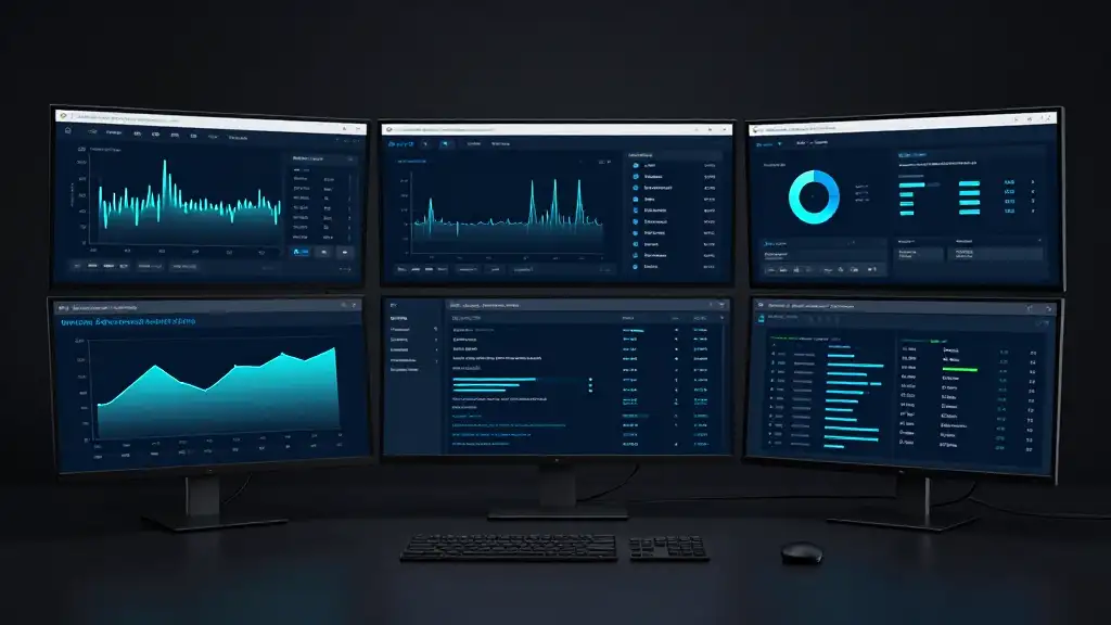 Technical workspace showing WordPress server monitoring with CPU, PHP-FPM, database and caching metrics