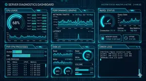 Dashboard showing WordPress error fixes and server diagnostics