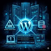 High‑tech dark illustration showing a WordPress troubleshooting environment with error icons, server racks, PHP logs and neon blue diagnostic panels.