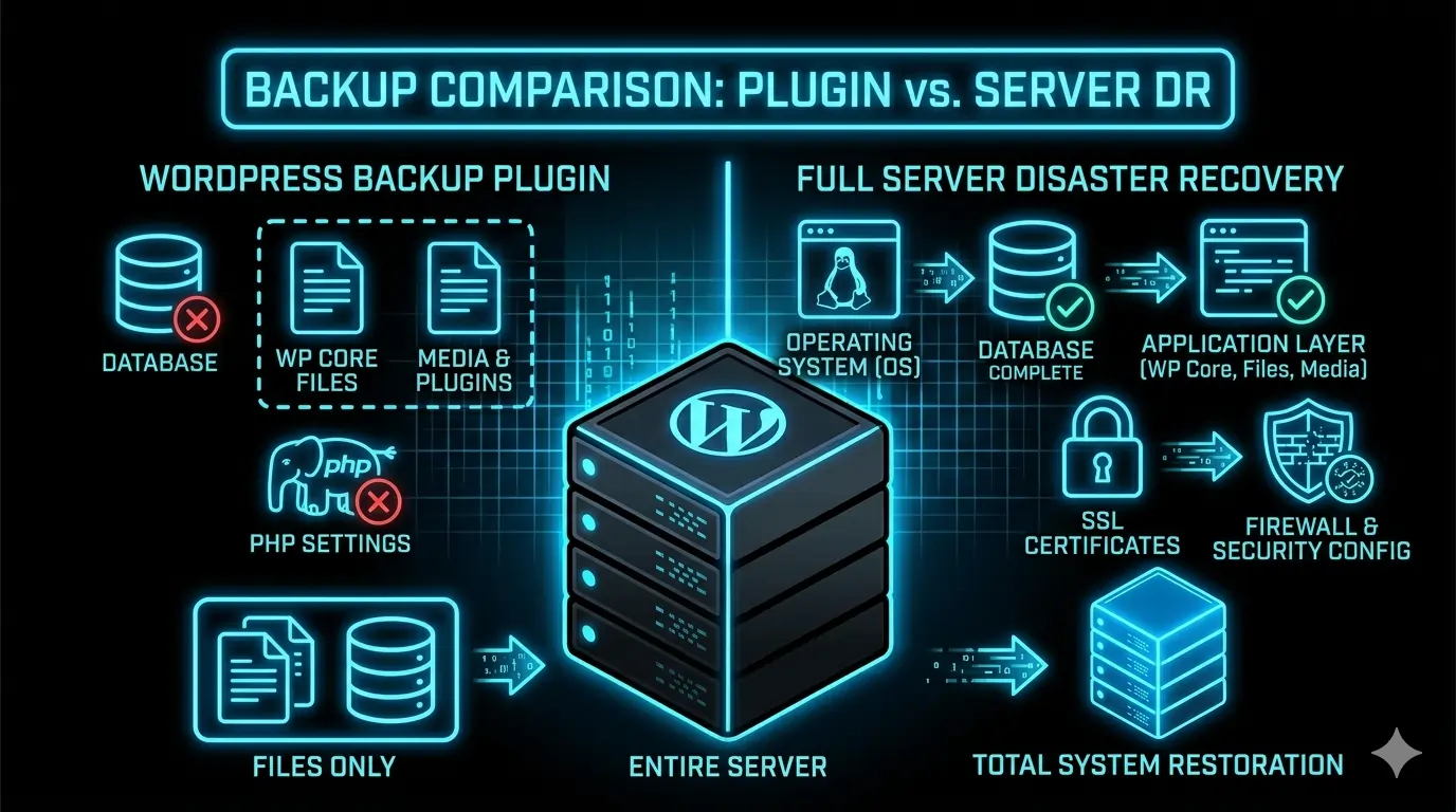 Diagram comparing WordPress backup plugins and full server disaster recovery