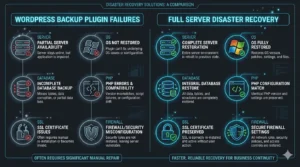 Diagram showing WordPress backup plugin failures compared to full server disaster recovery