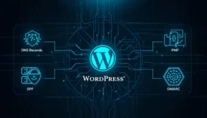 Technical diagram of WordPress SMTP configuration with SPF DKIM DMARC DNS records and neon blue data flow